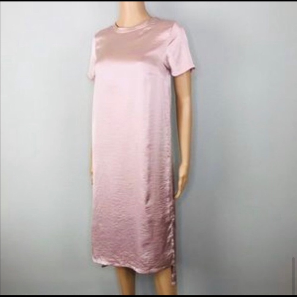 NWOT Silk Satin high low dress. Crew sleeve